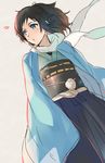  black_hair blue_eyes blue_hakama cherry_blossoms hakama haori high_ponytail japanese_clothes kippu long_hair male_focus mole mole_under_eye parted_lips scarf shinsengumi simple_background solo touken_ranbu white_scarf yamato-no-kami_yasusada 