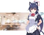  1girl alternate_costume alternate_hairstyle animal_ear_fluff animal_ears apron black_hair blue_archive blurry cat_ears cat_girl cat_tail commentary crossover cup depth_of_field drinking_glass english_commentary enmaided frilled_apron frills hair_between_eyes halo hands_on_own_hips highres holding holding_tray long_hair looking_at_viewer maid maid_apron maid_headdress maxwelzy multiple_girls parted_lips ponytail red_eyes serika_(blue_archive) short_sleeves sidelocks solo tail tray white_apron wrist_cuffs 