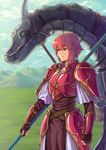  armor bad_id bad_pixiv_id belt day dragon fingerless_gloves fire_emblem fire_emblem:_monshou_no_nazo gloves goma_(goma-folio) grass headband minerva_(fire_emblem) polearm red_armor red_eyes red_hair serious short_hair sky solo spear weapon 