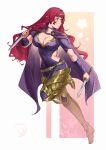  1girl absurdres armor breasts cape choker cleavage commentary dagger deliciousbrain dual_wielding facial_mark fire_emblem fire_emblem_engage greaves highres holding holding_dagger holding_knife holding_weapon knife large_breasts purple_cape purple_choker red_hair reverse_grip short_sleeves solo star_(symbol) weapon yunaka_(fire_emblem) 