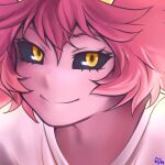  1girl absurdres ashido_mina black_sclera boku_no_hero_academia colored_sclera colored_skin english_commentary hair_between_eyes hhholic highres looking_at_viewer orange_eyes pink_hair pink_shirt pink_skin pink_theme portrait shirt short_hair smile solo 