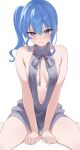  1girl arms_between_legs bare_shoulders blue_eyes blue_hair blush breasts breasts_apart center_opening closed_mouth cowboy_shot dot_nose fawny furrowed_brow grey_sweater hair_between_eyes highres hololive hoshimachi_suisei legs_apart long_hair looking_at_viewer medium_breasts meme_attire no_pants ribbed_sweater side_ponytail sidelocks simple_background sitting sleeveless sleeveless_sweater solo sweater turtleneck turtleneck_sweater virgin_killer_sweater virtual_youtuber wariza white_background 