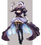  1girl 2b_(nier:automata) alternate_costume black_dress black_footwear blue_eyes boots breasts cleavage cleavage_cutout clothing_cutout dress full_body gloves highres large_breasts leotard long_sleeves looking_up mole mole_under_mouth nier:automata nier_(series) oomasa_teikoku solo thigh_boots white_gloves white_hair white_leotard 