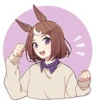  1girl animal_ears brown_hair clenched_hands collared_shirt cropped_torso hair_ornament hairclip hands_up horse_ears looking_at_viewer multicolored_hair nm222hz notice_lines open_mouth purple_eyes purple_shirt shirt short_hair smile solo streaked_hair sweater teeth tsurumaru_tsuyoshi_(umamusume) twitter_username umamusume upper_body upper_teeth_only watermark 