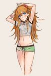  adjusting_hair arms_up blue_eyes blush character_name cropped_legs kippu long_hair looking_at_viewer midriff navel neon_genesis_evangelion orange_hair shirt short_shorts shorts solo souryuu_asuka_langley t-shirt very_long_hair 