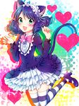  :d animal_ears bad_id bad_pixiv_id bell blue_hair bow bowtie cat_ears cat_tail curly_hair cyan_(show_by_rock!!) fangs frilled_skirt frills green_eyes headdress heart highres looking_at_viewer open_mouth sayuringo short_hair show_by_rock!! skirt smile solo striped striped_legwear tail thighhighs zettai_ryouiki 