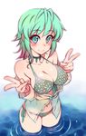  aqua_eyes bare_shoulders bikini blush breasts choker cleavage collarbone double_v dress_shirt fingernails front-tie_top green_hair highres kusanagi_tonbo large_breasts looking_at_viewer multicolored_hair navel nipples off_shoulder original pink_hair revealing_clothes shirt side-tie_bikini smile solo sweatdrop swimsuit two-tone_hair unbuttoned v wading 