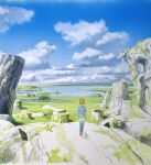  1girl blue_dress blue_sky brown_hair cloud commentary damachitanu day dress english_commentary full_body grass highres horizon kaze_no_tani_no_nausicaa lake nausicaa outdoors overgrown painting_(medium) scenery short_hair sky teto_(nausicaa) traditional_media tree watercolor_(medium) 