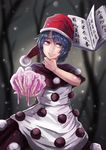  amibazh blob blue_hair book doremy_sweet dream_soul dress grin hat highres nightcap pom_pom_(clothes) short_hair silver_eyes smile touhou translation_request 