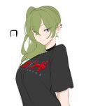  1girl blush breasts green_hair highres icoo looking_at_viewer ponytail purple_eyes shirt smile sousou_no_frieren t-shirt ubel_(sousou_no_frieren) white_background 