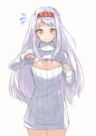  blush cleavage_cutout flying_sweatdrops hairband kantai_collection long_hair meme_attire open-chest_sweater red_eyes sensen shoukaku_(kantai_collection) sleeves_past_wrists solo sweatdrop sweater white_hair 