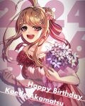  1girl :d ahoge akamatsu_kaede bare_shoulders blonde_hair bouquet character_name collarbone danganronpa_(series) danganronpa_v3:_killing_harmony dated dress frilled_dress frills hair_ornament happy_birthday highres holding holding_bouquet leaning_forward long_hair musical_note musical_note_hair_ornament nota_sayaka official_alternate_costume pink_eyes red_dress smile solo teeth white_dress 