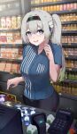  1girl :d absurdres black_hairband black_pants blue_shirt blush breast_pocket breasts can cashier commentary counter employee_uniform firefly_(honkai:_star_rail) grey_hair hairband highres honkai:_star_rail honkai_(series) indoors kagurachi long_hair looking_at_viewer medium_breasts open_mouth pants pocket ponytail purple_eyes shirt shop short_sleeves smile solo standing symbol-only_commentary uniform very_long_hair 