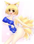  animal_ears apron blonde_hair blush breasts cleavage fox_ears fox_tail highres naked_apron open_mouth short_hair solo tail tamano_nae touhou yakumo_ran yellow_eyes 