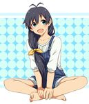  :d alternate_hairstyle antenna_hair bad_id bad_pixiv_id barefoot black_hair blue_eyes collarbone crossed_legs fang ganaha_hibiki hair_ribbon idolmaster idolmaster_(classic) indian_style long_hair open_mouth overalls restaint ribbon sitting smile solo very_long_hair 