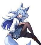  1girl animal_ears blue_hair brown_pantyhose fox_ears fox_girl fox_tail hanbok highres korean_clothes orange_eyes original pantyhose simple_background solo tail wang0424 white_background 