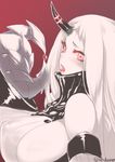  breasts claws detached_sleeves eating horn kantai_collection large_breasts long_hair looking_at_viewer open_mouth pale_skin red_eyes seaport_hime sensen shinkaisei-kan sideboob solo tongue tongue_out white_hair 