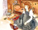  1girl bed bedroom blush bow braid brown_eyes brown_hair bug card carpet chair curtains dress english_commentary giant giantess hair_bow indoors kaka123 long_hair long_sleeves original painting_(medium) painting_(object) pennant pillow puffy_sleeves rug sidelocks sitting solo table traditional_media watercolor_(medium) wooden_floor 