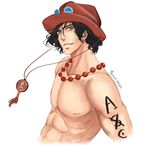  1boy abs freckles hat male_focus muscle necklace one_piece portgas_d_ace simple_background smiley solo stampede_string tattoo topless 