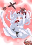  aircraft airplane armpits arms_up barefoot black_panties breathing_fire feet fire horns kantai_collection long_hair mittens monster northern_ocean_hime pale_skin panties red_eyes sensen shinkaisei-kan side-tie_panties soles solo toes underwear white_hair 