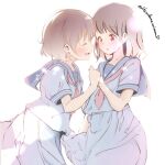  2girls closed_eyes lens_flare light_blush looking_at_another multiple_girls original red_eyes school_uniform serafuku shiralog signature uniform white_background yuri 