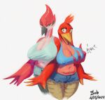 anthro anthrofied avian banjo-kazooie beak big_breasts bird bottomwear bra breast_grab breasts breegull cartoon_network clothing crossover cutoffs daisy_dukes denim denim_bottomwear denim_clothing duo feather_hands feathers female female/female green_eyes hand_on_breast hi_res hotpants huge_breasts kazooie margaret_smith_(regular_show) midriff oscine passerine rareware red_body red_feathers regular_show robin_(bird) sabrotiger scuted_legs scutes shorts thick_thighs underwear