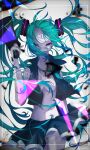  1girl absurdres aqua_eyes aqua_hair aqua_necktie breast_tattoo breasts closed_mouth colored_skin commentary cowboy_shot debris expressionless forehead goma_irasuto hair_ornament hatsune_miku headphones highres holding holding_megaphone koi_wa_sensou_(vocaloid) long_hair looking_at_viewer megaphone navel necktie open_clothes open_shirt parted_lips skirt sleeveless small_breasts solo standing tattoo twintails very_long_hair vocaloid white_skin 