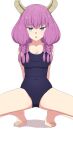  1girl absurdres arms_behind_back aura_(sousou_no_frieren) barefoot blue_eyes blue_one-piece_swimsuit braid breasts camui1104 demon_girl demon_horns feet highres horns long_hair looking_at_viewer one-piece_swimsuit parted_lips purple_hair simple_background solo sousou_no_frieren spread_legs squatting straight-on swimsuit thighs tiptoes toes white_background 