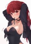  1girl absurdres armpits arms_up black_jacket black_leotard blush breasts cleavage crowned-tapioka highres jacket leotard long_hair long_sleeves looking_at_viewer medium_breasts mouth_hold persona persona_5 persona_5_the_royal ponytail red_eyes red_hair ribbon ribbon_in_mouth solo tying_hair yoshizawa_kasumi 