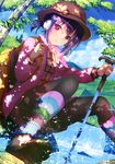  1girl hat hayakawa_harui headphones jacket original pantyhose pink_eyes purple_hair ribbon short_hair shorts sky tree twintails water 