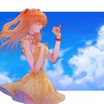  1girl blue_choker blue_eyes blue_sky choker cloud dress hand_on_own_chest highres long_hair looking_to_the_side matsuko_(mrimri3) neon_genesis_evangelion orange_hair sky solo souryuu_asuka_langley string string_around_finger string_of_fate watch wristwatch yellow_dress 