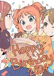  2024 3girls birthday_cake blue_eyes blush brown_eyes brown_hair cake candle confetti dress food futami_ami hairband happy_birthday highres hood hoodie idolmaster idolmaster_(classic) kirita_producer minase_iori multiple_girls one_side_up orange_hair pink_eyes short_hair takatsuki_yayoi twintails 