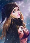  blonde_hair blue_eyes breasts coat freckles from_side hat lip_piercing lips long_hair looking_at_viewer medium_breasts nose_piercing nose_ring nudtawut_thongmai piercing signature skindentation solo 