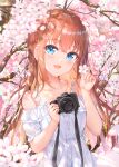  1girl absurdres blue_eyes blush brown_hair camera cherry_blossoms collarbone commentary_request dress highres holding holding_camera long_hair looking_at_viewer na_kyo open_mouth original solo upper_body white_dress 