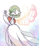  1girl ^_^ absurdres blush blush_stickers bob_cut closed_eyes closed_mouth colored_skin commentary drawn_wings dress elbow_gloves flat_chest from_side gardevoir gloves green_hair hair_over_one_eye hands_up happy highres long_dress mega_gardevoir mega_pokemon mega_stone one_eye_covered orange_wings pokemon pokemon_(creature) short_hair smile solo standing suzu_(pixiv_32232702) white_background white_dress white_gloves white_skin 