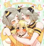  2boys ampharos animal_ears blonde_hair blush earrings forehead_jewel gen_1_pokemon gen_2_pokemon grey_hair hand_on_another's_cheek hand_on_another's_face hug jewelry kurage_miho multiple_boys personification pokemon raichu 