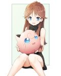  1girl :d black_dress blue_eyes blush brown_hair commentary_request dress green_(pokemon) green_background happy highres holding holding_pokemon itsutsuki jigglypuff knees long_hair looking_down open_mouth pokemon pokemon_(creature) pokemon_adventures short_dress sidelocks sitting smile 