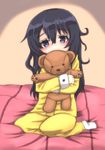  :3 absurdres akatsuki_(kantai_collection) alternate_costume bad_id bad_pixiv_id black_eyes black_hair commentary_request covering_mouth hair_between_eyes highres kantai_collection long_hair long_sleeves nabeo object_hug pajamas seiza sitting solo stuffed_animal stuffed_toy teddy_bear 