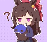  animal animal_ears black_skirt blue_shirt bow braid brown_hair chibi daiichi_ruby_(umamusume) drill_hair flower gomashio_(goma_feet) hair_bow hair_flower hair_ornament holding holding_animal horse horse_ears horse_girl horse_tail jitome long_hair long_sleeves outline pink_background polka_dot polka_dot_background purple_eyes red_bow red_flower shirt side_drill simple_background skirt sleeves_past_wrists swept_bangs tail twin_drills umamusume very_long_hair white_outline yellow_flower 