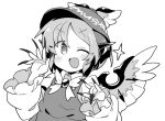  1girl blush circle_cut fang greyscale ini_(inunabe00) looking_at_viewer monochrome mystia_lorelei one_eye_closed open_mouth short_hair skin_fang smile solo touhou 