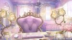  armchair artist_name bed bedroom blanket cabinet candy candy_jar chair chandelier checkerboard_cookie cookie cup curtains day flower food highres himeno_aimu indie_virtual_youtuber indoors jar keyboard_(computer) lamp mouse_(computer) muntins no_humans official_art pillow pink_flower pink_rose plate rose rug saucer scenery stool sugawa_mako sunlight table tea teacup teapot teaspoon vanity_table vase window 