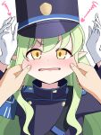  1girl armband black_hat black_shirt blue_archive blue_armband blush cheek_pinching gloves green_hair hat highlander_sidelocks_conductor_(blue_archive) highres long_hair long_sleeves looking_at_viewer open_mouth peaked_cap pinching pointy_ears pov sanuki_ach shirt simple_background upper_body white_background white_gloves yellow_eyes 