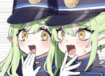  2girls black_hat black_shirt black_tail blue_archive blush closed_mouth earrings fang gloves green_hair green_halo halo hashtag_only_commentary hat jewelry kimoi_girls_(meme) long_hair long_sleeves looking_at_another meme multiple_girls open_mouth parody peaked_cap pointy_ears sakura_yuki_(clochette) shirt skin_fang smile speed_lines twintails white_background white_gloves yellow_eyes 