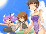  &gt;_&lt; :d adapted_costume artist_name blue_hair blush breasts brown_eyes brown_hair closed_eyes cloud cloudy_sky day fang hair_bun hair_ornament hair_ribbon hairband i-19_(kantai_collection) innertube kanoe_soushi kantai_collection large_breasts long_hair multiple_girls myoukou_(kantai_collection) one-piece_swimsuit open_mouth outstretched_arm ribbon school_swimsuit short_hair sky smile sun swimsuit torpedo tri_tails twintails twitter_username wakaba_(kantai_collection) xd 