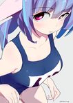  artist_name bad_id bad_twitter_id blue_hair breasts grey_background hair_between_eyes i-19_(kantai_collection) kantai_collection large_breasts looking_at_viewer one-piece_swimsuit purple_eyes school_swimsuit simple_background sohin solo swimsuit twintails 