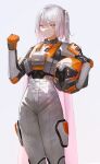  1girl absurdres armor bodysuit cape clenched_hand closed_mouth english_commentary ganet_p gloves grey_hair helldivers_(series) helmet highres holding holding_helmet looking_at_viewer medium_hair mole mole_under_eye one_side_up original pants pink_eyes pink_hair simple_background smile solo standing star-shaped_pupils star_(symbol) symbol-shaped_pupils unworn_headwear unworn_helmet v-shaped_eyebrows white_background white_hair 