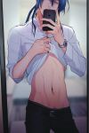  1boy abs bedroom belt black_belt blue_eyes blue_hair blurry clothes_lift collared_shirt depth_of_field hair_between_eyes highres holding holding_phone idolish7 looking_at_phone male_focus male_pubic_hair oogami_banri phone ponytail pubic_hair re:vale reflection rinunu selfie shirt shirt_lift sleeves_rolled_up solo upper_body watch white_shirt wristwatch 