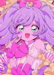  1girl :d absurdres ahoge blue_eyes blush bow detached_sleeves hair_bow hand_up heart highres idol_clothes ligne_claire long_hair looking_at_viewer manaka_laala milon_cas open_mouth pink_bow pink_nails pretty_series pripara puffy_detached_sleeves puffy_sleeves purple_hair red_lips retro_artstyle smile solo sparkle twintails upper_body very_long_hair 