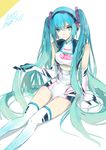  2015 absurdres aqua_eyes aqua_hair dated elbow_gloves gloves goodsmile_company goodsmile_racing hatsune_miku headphones highres leotard long_hair looking_at_viewer messikid race_queen racing_miku racing_miku_(2014) sitting solo thighhighs twintails very_long_hair vocaloid white_background 