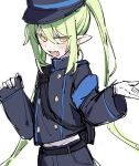  1girl azuma_shino black_hat black_jacket blue_archive blush fang gloves green_hair hat highlander_twintails_conductor_(blue_archive) jacket long_hair open_mouth peaked_cap pleated_skirt pointy_ears skin_fang skirt solo uniform very_long_hair white_background white_gloves 